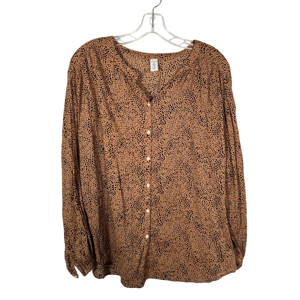 Old Navy Animal Print Tan Black Button Front Blouse Cotton Rayon XL Petite Boho